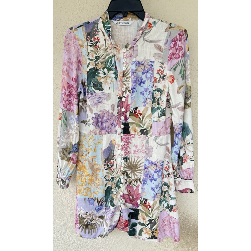 Zara Floral Patchwork Button Up Mini Dress M Linen Vacation Resort Tea Garden